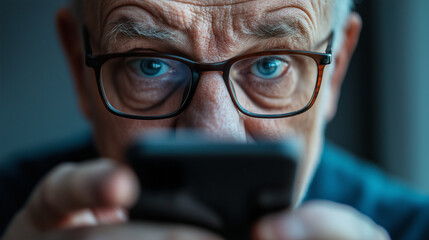 Elderly man having difficulty reading smartphone screen, shedding light on the obstacles of aging and vision challenges