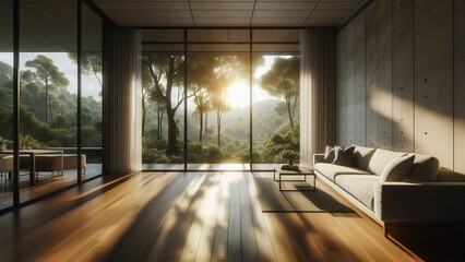 bright spacious room with large windows and minimalist decor