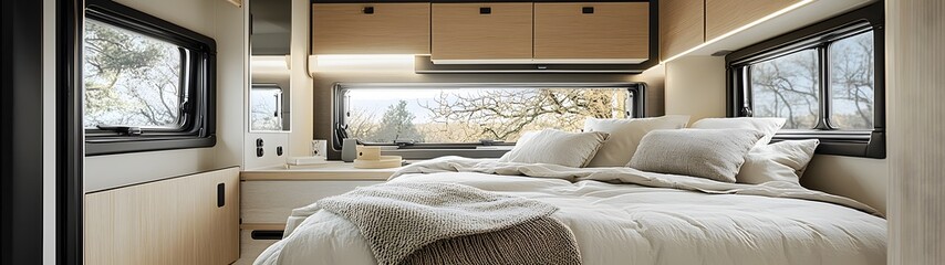Minimalist motorhome bedroom with natural materials and modern furniture. Designed for a cozy and comfortable travel experience with sleek finishes.