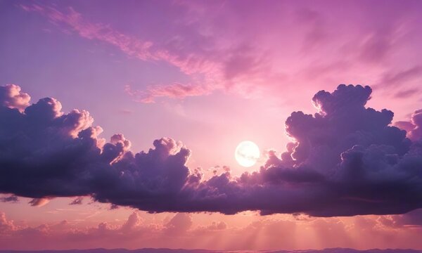 Pastel pink and purple sky with sun setting behind clouds, sky, sunset - Powered by Adobe