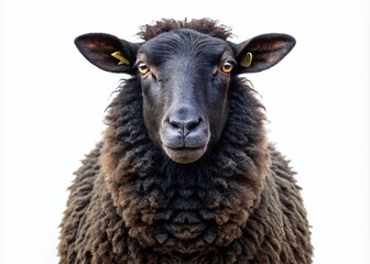 Fototapeta premium Black Sheep Front View Isolated on White Background for Nature and Agriculture Photography, Highlighting Unique Features and Textures of the Animal in a Studio Setting