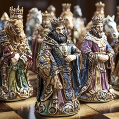 Intricately detailed chess pieces, kings in regal attire, on a wooden board.