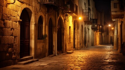 A long exposure image of street  at night with decorated light . Golden Hour Lighting illuminates,generative ai illustration