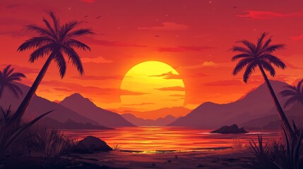 Obraz premium A sunset over a tropical island, the sky ablaze with orange and red hues as palm trees sway gently in the breeze