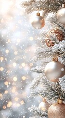 A white greeting card with a red ribbon, surrounded by open gifts and holly berries. High-quality image with soft lighting and sharp focus.