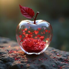 Apple of glass with water drops in the shape of a red heart 