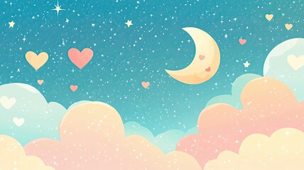 Fototapeta premium Lovethemed pastel backgrounds with space, showcasing a dreamy sky with heartshaped clouds and a glowing moon