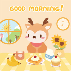 Cute deer enjoying a cozy breakfast with good morning vibes. Adorable deer illustration with waffles, milk, and sunflowers. Kawaii deer breakfast scene in a sunny and cheerful setting.