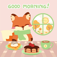 Adorable fox enjoying a breakfast with autumn scenery. Good morning cartoon fox with pancakes and waffles. Kawaii fox breakfast delight with pancakes, coffee, and sunshine.