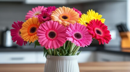 Fototapeta premium Vibrant Arrangement of Colorful Gerbera Daisies in a White Vase