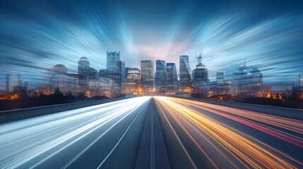 Fototapeta premium A long exposure photograph of city lights at night with a soft pastel background. The subject is placed to the left with empty space on the right side of the frame, generative ai illustration