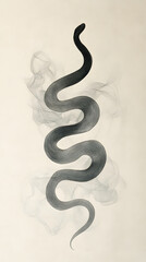 A striking black snake elegantly curves through soft smoke trails on a light background.