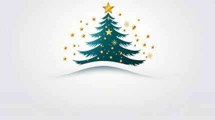 Green Christmas tree with golden star and sparkling decorations on a gradient red background, festive holiday design.