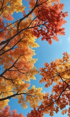 Close-up of vibrant fall foliage against clear blue sky, foliage, sunny