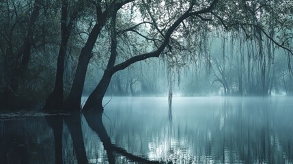 A misty swamp with gnarled trees and still waters, the air thick with fog and vines hanging from the branches