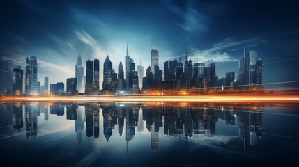 Fototapeta premium A nighttime cityscape with a long exposure, featuring blurred lights and a soft-colored background. Hard Light on the subject contrasts against the ambient ,generative ai illustration