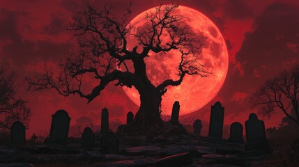 Creepy graveyard with a crooked, old tree and tombstones, under a blood-red moon 