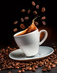A captivating image showcasing coffee splashing dramatically from a cup, surrounded by scattered coffee beans
