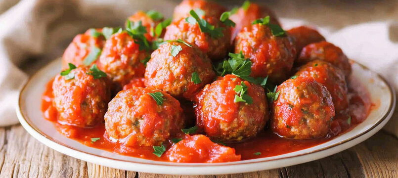 Delicious meatballs covered in rich tomato sauce and parsley garnish