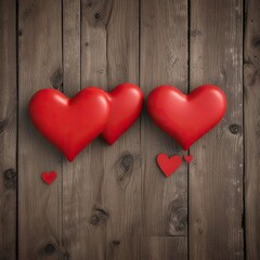 Fototapeta premium Beautiful Valentines day composition with two red heart shapes on wooden texture, love concept, affection