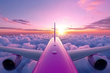 Fototapeta premium A bird-eye view of a plane flying through soft, cottony clouds, with a brilliant sunrise in the background