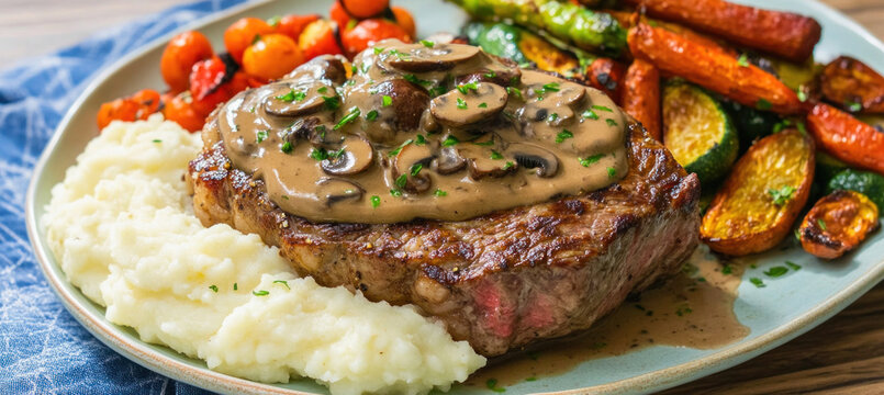Grilled ribeye steak with mushroom sauce, mashed potatoes and roasted vegetables