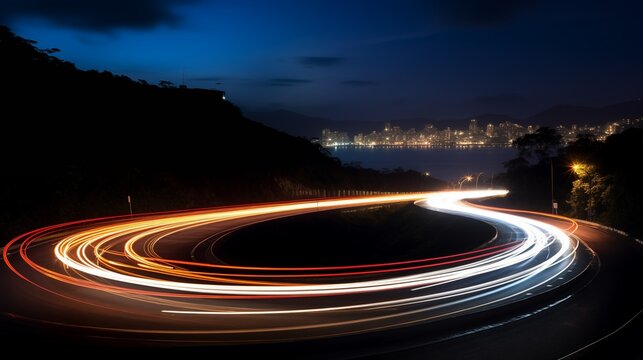 A slow-shutter photo capturing a car light trail at night. The soft-colored background allows the lights to pop. The subject is on the left side,,generative ai illustration
