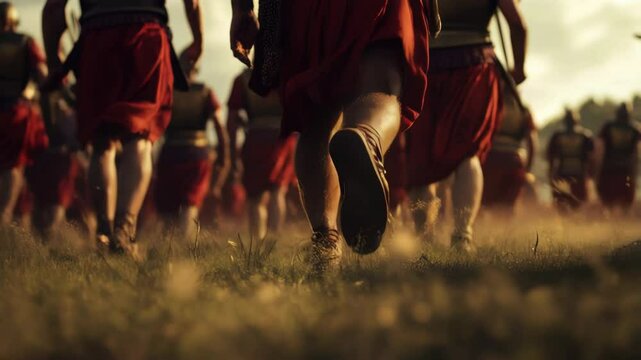 Roman soldiers marching on grassy field, low-angle perspective.