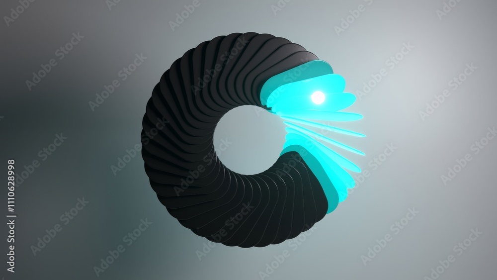 Poster abstract 3d render of a circular structure unfolding, revealing a bright light source and dynamic sh
