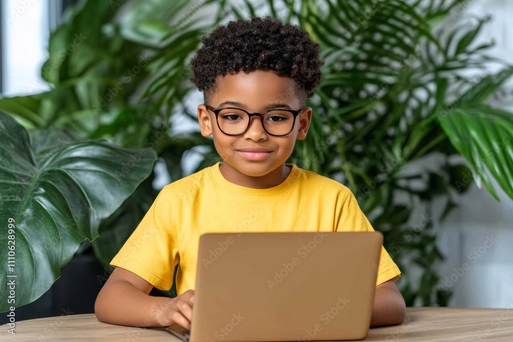 Poster a child learning to code on a small laptop, with colorful educational programs displayed on the scre