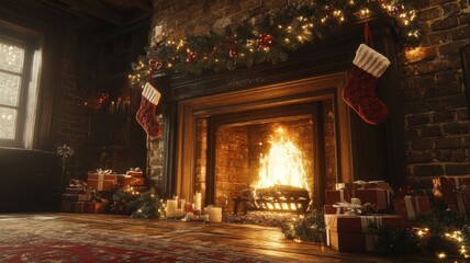 Cozy Christmas Fireplace with Presents and Garland