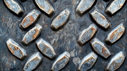 Close-up of textured metal surface with diamond pattern and rust details, ideal for industrial backgrounds.