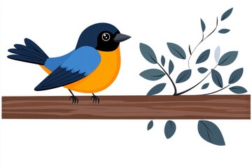 Fototapeta premium A cheerful 2D illustration of a robin carrying a twig for its nest, drawn in bright colors on a white background