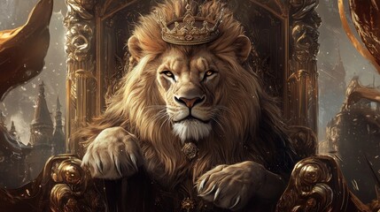 Obraz premium Majestic Lion Throne with Crown in a Regal Fantasy Setting
