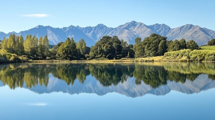 Obraz premium A peaceful lake reflecting a range of trees and mountains in the background, natural and serene