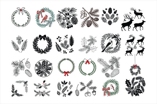 watercolor Christmas vector set with tree branches, berries, leaves, and deer.
