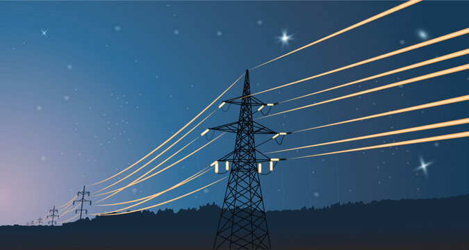 Electric grid with shiny wires, on a starry night sky