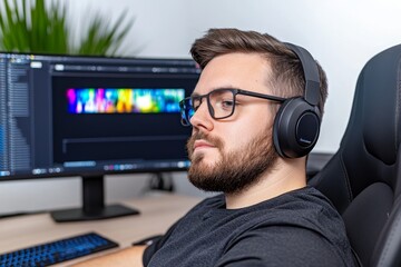 A creative professional editing a video on a high-performance computer, with vibrant footage on the monitor