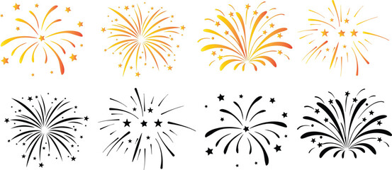 Fireworks. Set of firecracker icons for Anniversary, New year, Celebrate, Festival. Flat design on black background.