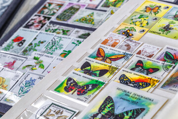 Philately.Collection of stamps and magnifying glass.Postage stamps range with different species of butterflies.A page of storage book album for storing old postage stamps.