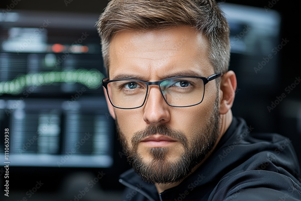 Poster A cybersecurity expert working on a computer with a dark interface, monitoring real-time data and alerts