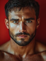 Fototapeta premium Portrait of a Man with Intense Expression and Red Background