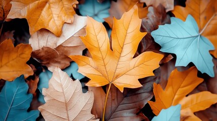 Colorful autumn leaves scattered on a surface, showcasing vibrant hues of orange and blue.