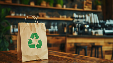 Eco-Friendly Paper Bag On A Wooden Table With A Green Recycling Symbol On A Wooden Table, Set In A Cozy Caf&eacute; Environment, Sustainability Trend 2025.