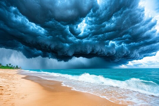 A dramatic shot of black storm clouds rolling in over an ocean, with crashing waves below
