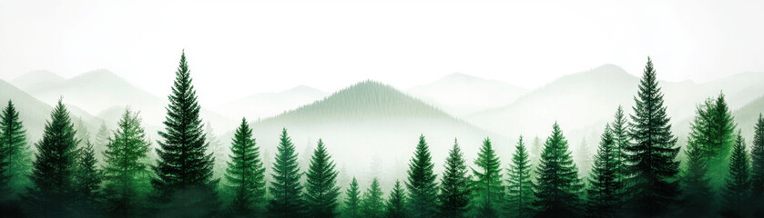 Fototapeta premium Lush green forest with misty mountains in background, serene nature