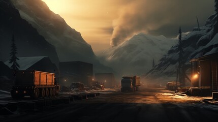 Coal being loaded into trucks at a mine, Golden Hour Lighting, space in the center,generative ai illustration