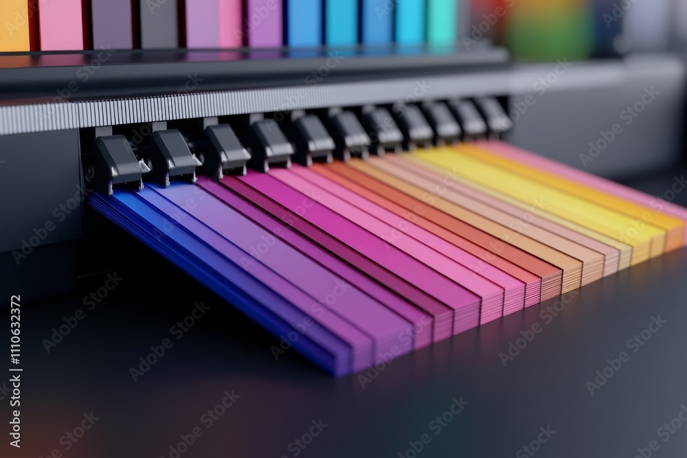 Poster A dynamic image of CMYK swatches being compared under natural and artificial light in a printing room