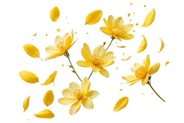 Springtime yellow petal flowers levitate in air, beautiful floral flying isolated on transparent background - obrazy, fototapety, plakaty