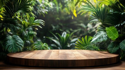 Fototapeta premium Wooden Round Platform Amid Lush Tropical Greenery